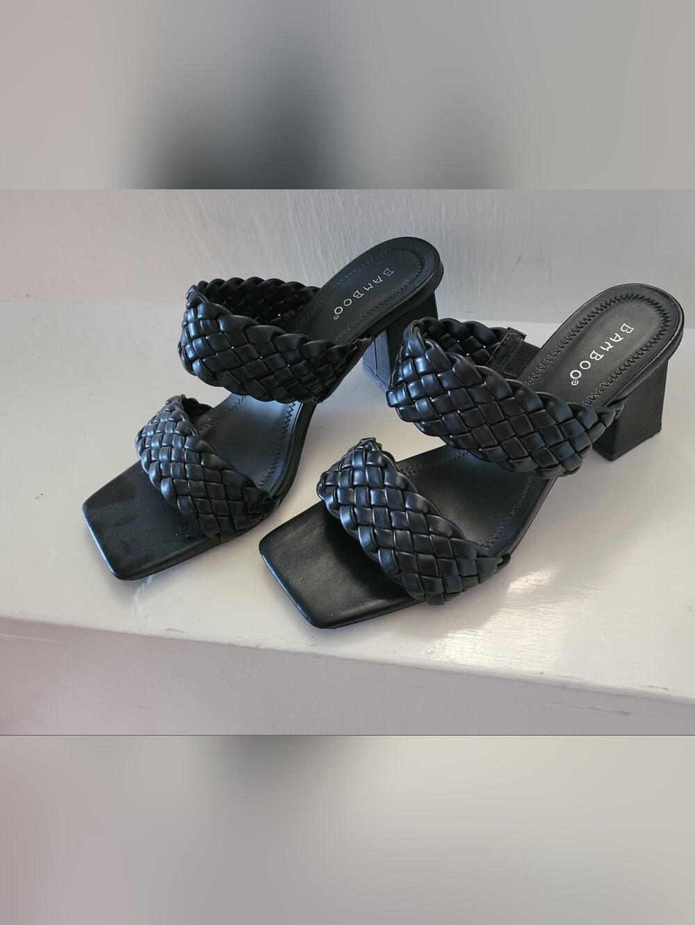 BAMBOO Black Braided Double-Strap Block Heel Mule